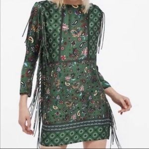 Zara Woman Green Paisley Print Fringe Tunic Dress